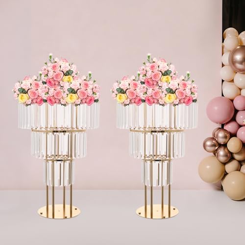 2pcs Wedding Gold Vases Centerpieces, Crystal Vases for Centerpieces, 3 Tier Chandelier Centerpiece Crystal, alternate view 5