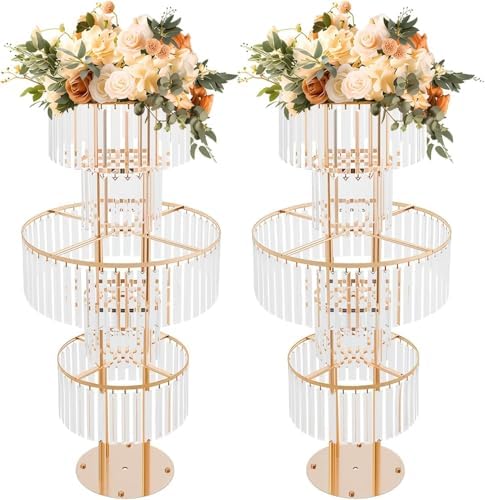 2pcs Wedding Gold Vases Centerpieces, Crystal Vases for Centerpieces, 5 Tier Chandelier Centerpiece Crystal