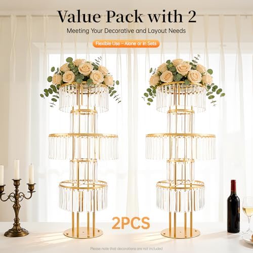 2pcs Wedding Gold Vases Centerpieces, Crystal Vases for Centerpieces, 5 Tier Chandelier Centerpiece Crystal, alternate view 4