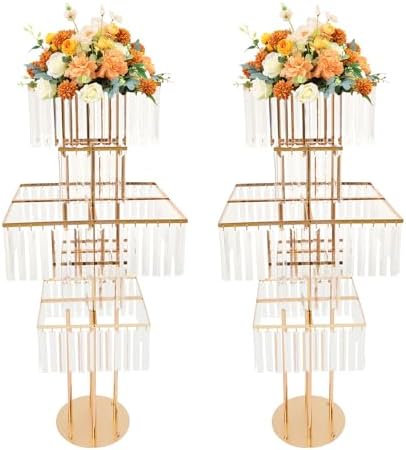 2pcs Wedding Gold Vases Centerpieces Crystal Vases for Centerpieces 5 Tier Table Chandelier Centerpiece 49.2 in