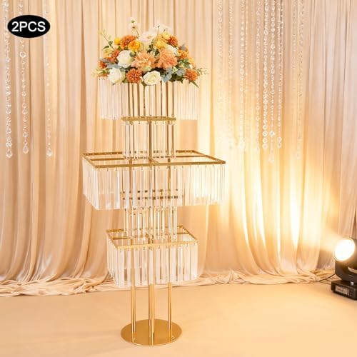 2pcs Wedding Gold Vases Centerpieces Crystal Vases for Centerpieces 5 Tier Table Chandelier Centerpiece 49.2 in, alternate