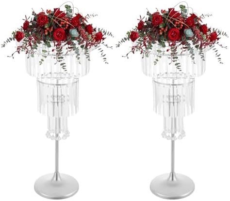 2pcs Wedding Silver Vases Centerpieces, Crystal Vases for Centerpieces, 4 Tier Chandelier Centerpiece Crystal