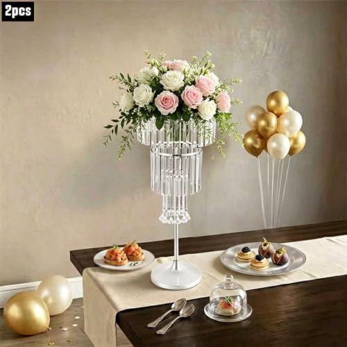 2pcs Wedding Silver Vases Centerpieces, Crystal Vases for Centerpieces, 4 Tier Chandelier Centerpiece Crystal, alternate view