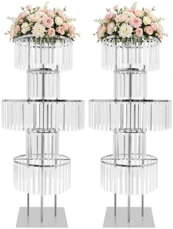 2pcs Wedding Silver Vases Centerpieces, Crystal Vases for Centerpieces, 5 Tier Chandelier Centerpiece Crystal