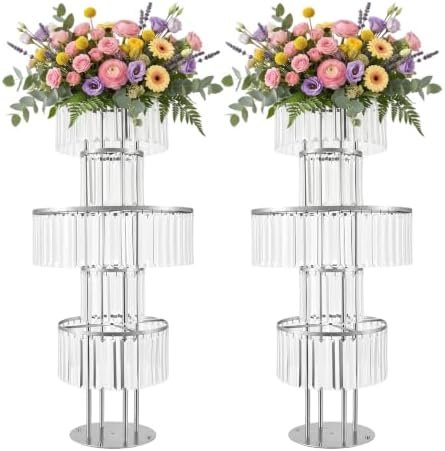 2pcs Wedding Silver Vases Centerpieces, Crystal Vases for Centerpieces, 5 Tier Chandelier Centerpiece Crystal