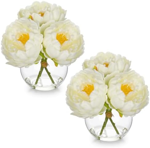 2Pcs White Peonies Artificial Flowers with Glass Vase Small 6.6inch Faux Peonies Look Real Peony Fake Flowers