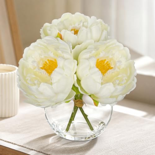 2Pcs White Peonies Artificial Flowers with Glass Vase Small 6.6inch Faux Peonies Look Real Peony Fake Flowers, alternate view
