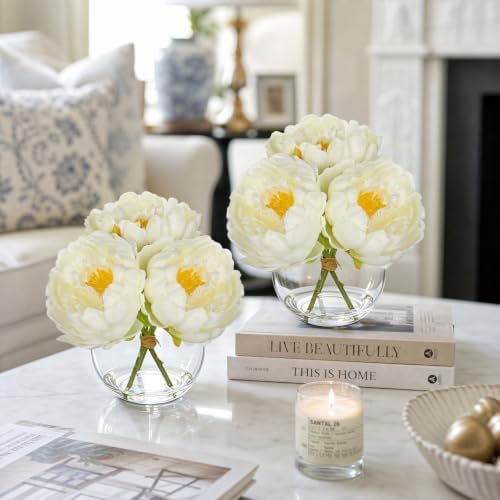 2Pcs White Peonies Artificial Flowers with Glass Vase Small 6.6inch Faux Peonies Look Real Peony Fake Flowers, alternate view