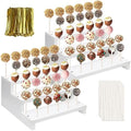 2Pcs Wood Cake Pop Display Stand, White Lollipop Holder 3 Tier with Twist Ties Lollipop Sticks, 33 Holes Sucker