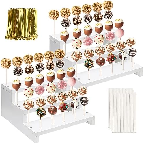 2Pcs Wood Cake Pop Display Stand, White Lollipop Holder 3 Tier with Twist Ties Lollipop Sticks, 33 Holes Sucker