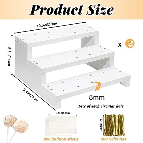 2Pcs Wood Cake Pop Display Stand, White Lollipop Holder 3 Tier with Twist Ties Lollipop Sticks, 33 Holes Sucker, alternate