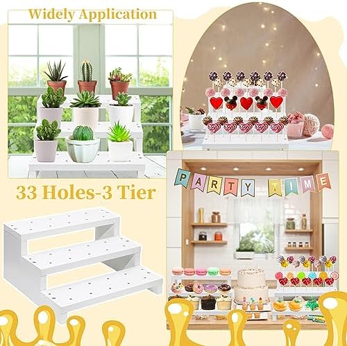 2Pcs Wood Cake Pop Display Stand, White Lollipop Holder 3 Tier with Twist Ties Lollipop Sticks, 33 Holes Sucker, alternate