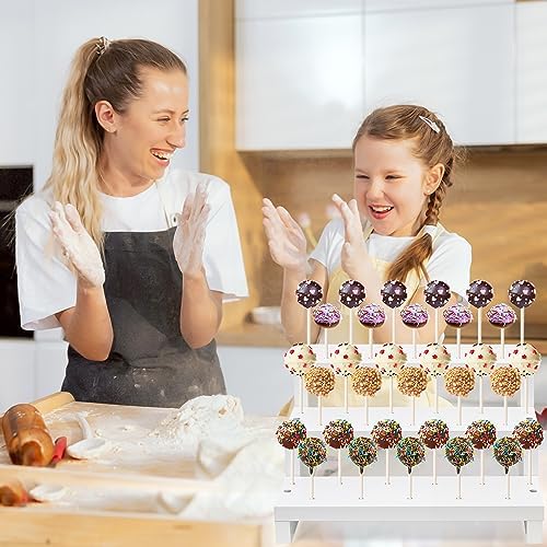 2Pcs Wood Cake Pop Display Stand, White Lollipop Holder 3 Tier with Twist Ties Lollipop Sticks, 33 Holes Sucker, alternate
