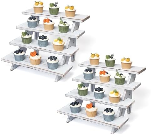 2Pcs Wooden Rustic Cupcake Stand for 24 Cupcakes, Stepped Wood Display Stand for Weddings, Tiered Party Table