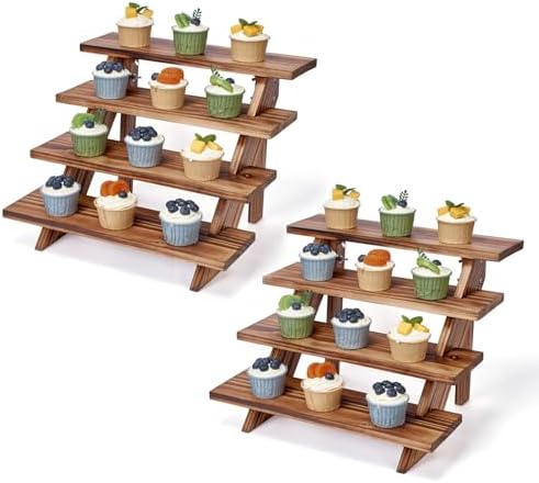 2Pcs Wooden Rustic Cupcake Stand for 24 Cupcakes, Stepped Wood Display Stand for Weddings, Tiered Party Table