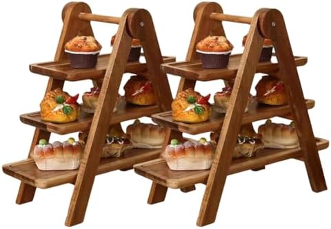 2Pcs Wooden Serving Platter 3 Tier Serving Tray Multi-Function Rectangular Serving Stand Foldable Food Serving
