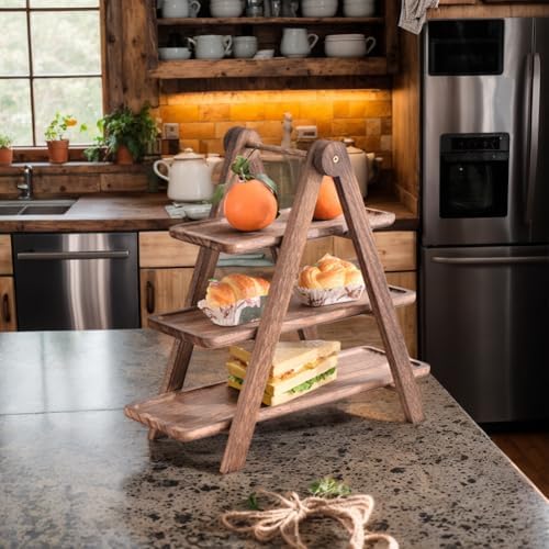 2Pcs Wooden Serving Platter 3 Tier Serving Tray Multi-Function Rectangular Serving Stand Foldable Food Serving, alternate