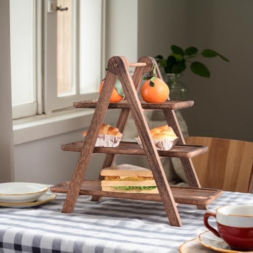 2Pcs Wooden Serving Platter 3 Tier Serving Tray Multi-Function Rectangular Serving Stand Foldable Food Serving, alternate