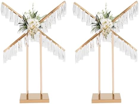 2Pcs X-Shaped Crystal Wedding Flower Stand Gold with Hanging Pendant