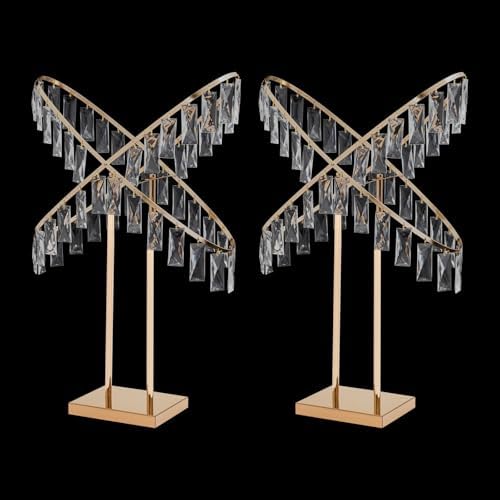 2Pcs X-Shaped Crystal Wedding Flower Stand Gold with Hanging Pendant, alternate view 2