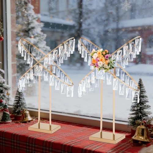 2Pcs X-Shaped Crystal Wedding Flower Stand Gold with Hanging Pendant, alternate view 5