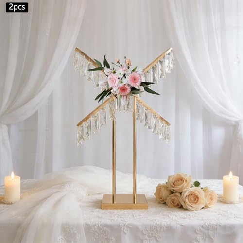 2Pcs X-Shaped Crystal Wedding Flower Stand Gold with Hanging Pendant, alternate view 6