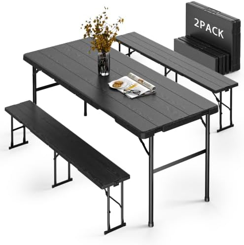 2pk Folding Table with 4 Benches Set for Camping, Picnic, Black in Black
