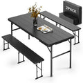 2pk Folding Table with 4 Benches Set for Camping, Picnic, Black in Black