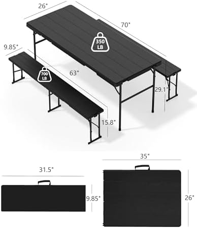 2pk Folding Table with 4 Benches Set for Camping, Picnic, Black in Black, alternate view 3
