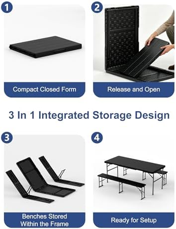 2pk Folding Table with 4 Benches Set for Camping, Picnic, Black in Black, alternate view 6