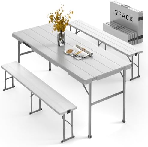 2pk Folding Table with 4 Benches Set for Camping, Picnic, White in White