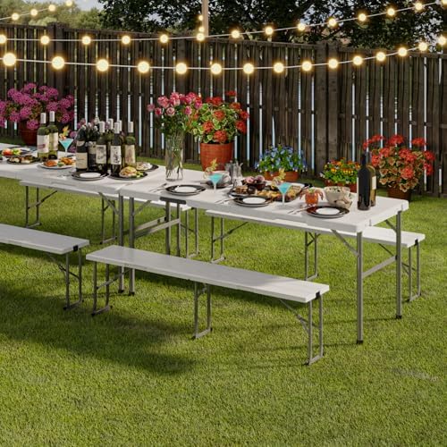 2pk Folding Table with 4 Benches Set for Camping, Picnic, White in White, alternate view 2