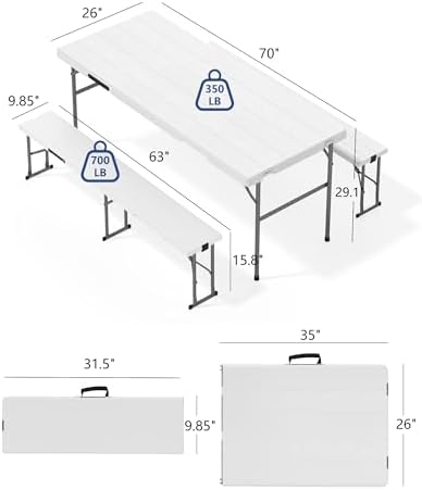 2pk Folding Table with 4 Benches Set for Camping, Picnic, White in White, alternate view 3