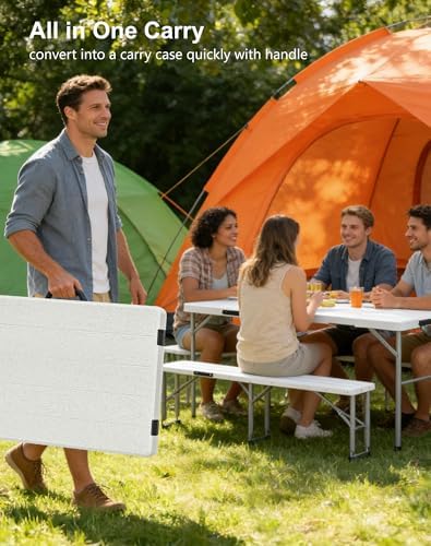 2pk Folding Table with 4 Benches Set for Camping, Picnic, White in White, alternate view 5