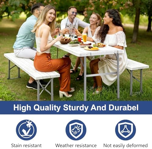 2pk Folding Table with 4 Benches Set for Camping, Picnic, White in White, alternate view 6
