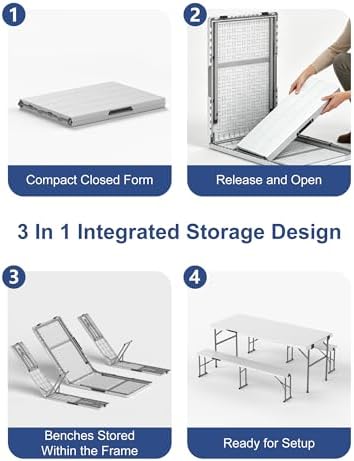 2pk Folding Table with 4 Benches Set for Camping, Picnic, White in White, alternate view 7