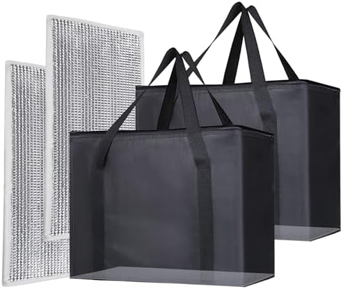 2PK Insulated Grocery Bags with Reinforced Baseboard, X-Large, Black in Black