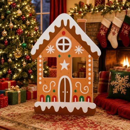 3.9ft 1pcs Gingerbread House Cardboard Cutout Christmas Standee Prop in 47.2 x 33.5 in in Red, White, Green, alternate view 2