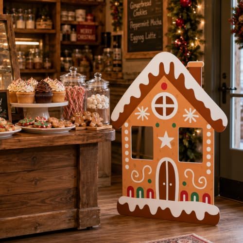 3.9ft 1pcs Gingerbread House Cardboard Cutout Christmas Standee Prop in 47.2 x 33.5 in in Red, White, Green, alternate view 5