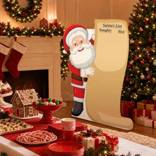 3.9ft Christmas Santa Cardboard Cutout, List Photo Prop Standee Sign in Approx. 47.2 x 37.4 in in Red, White, alternate view