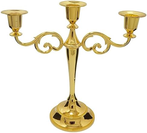 3-Arm Metal Candelabra Candle Holder Table Centerpiece, Gold in Black