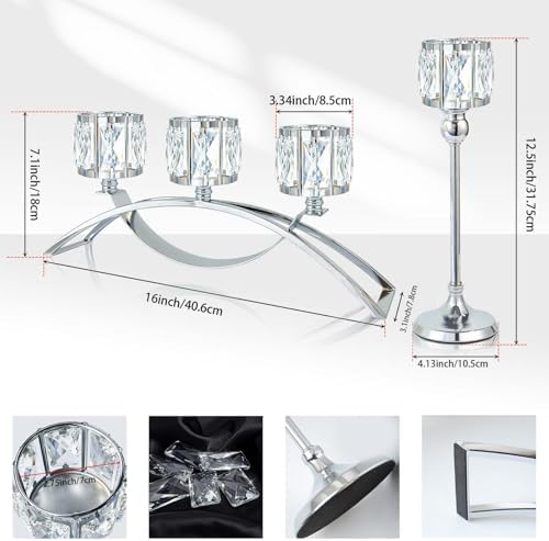 3 Arms Crystal Bowl Tealight Candelabra Votive Candle Stand, Wedding centerpieces for Tables Crystal, alternate view 2