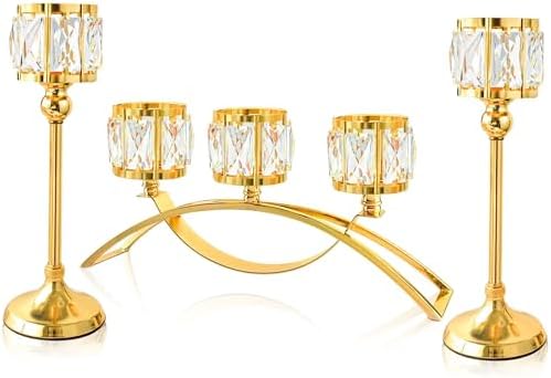 3 Arms Crystal Bowl Tealight Candelabra Votive Candle Stand, Wedding centerpieces for Tables Crystal