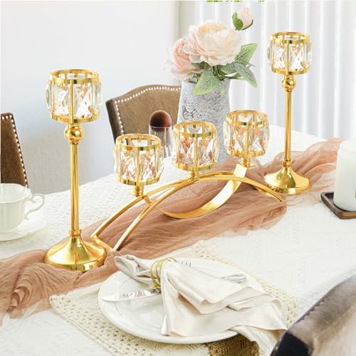 3 Arms Crystal Bowl Tealight Candelabra Votive Candle Stand, Wedding centerpieces for Tables Crystal, alternate view 2