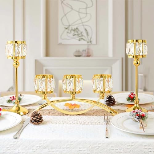 3 Arms Crystal Bowl Tealight Candelabra Votive Candle Stand, Wedding centerpieces for Tables Crystal, alternate view 4
