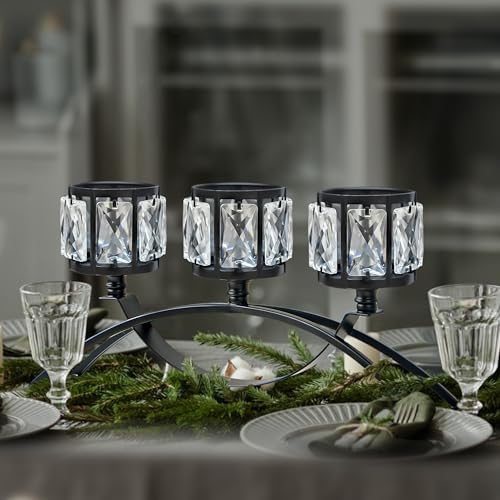 3 Arms Crystal Bowl Tealight Candelabra Votive Candle Stand, Wedding centerpieces for Tables Crystal, alternate view 2