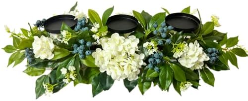 3 Candle Holder Centerpiece with Faux White Hydrangeas and Berries in White and Blue Green