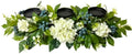 3 Candle Holder Centerpiece with Faux White Hydrangeas and Berries in White and Blue Green