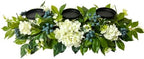 3 Candle Holder Centerpiece with Faux White Hydrangeas and Berries in White and Blue Green
