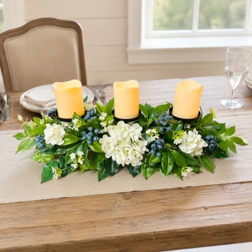 3 Candle Holder Centerpiece with Faux White Hydrangeas and Berries in White and Blue Green, alternate view 2